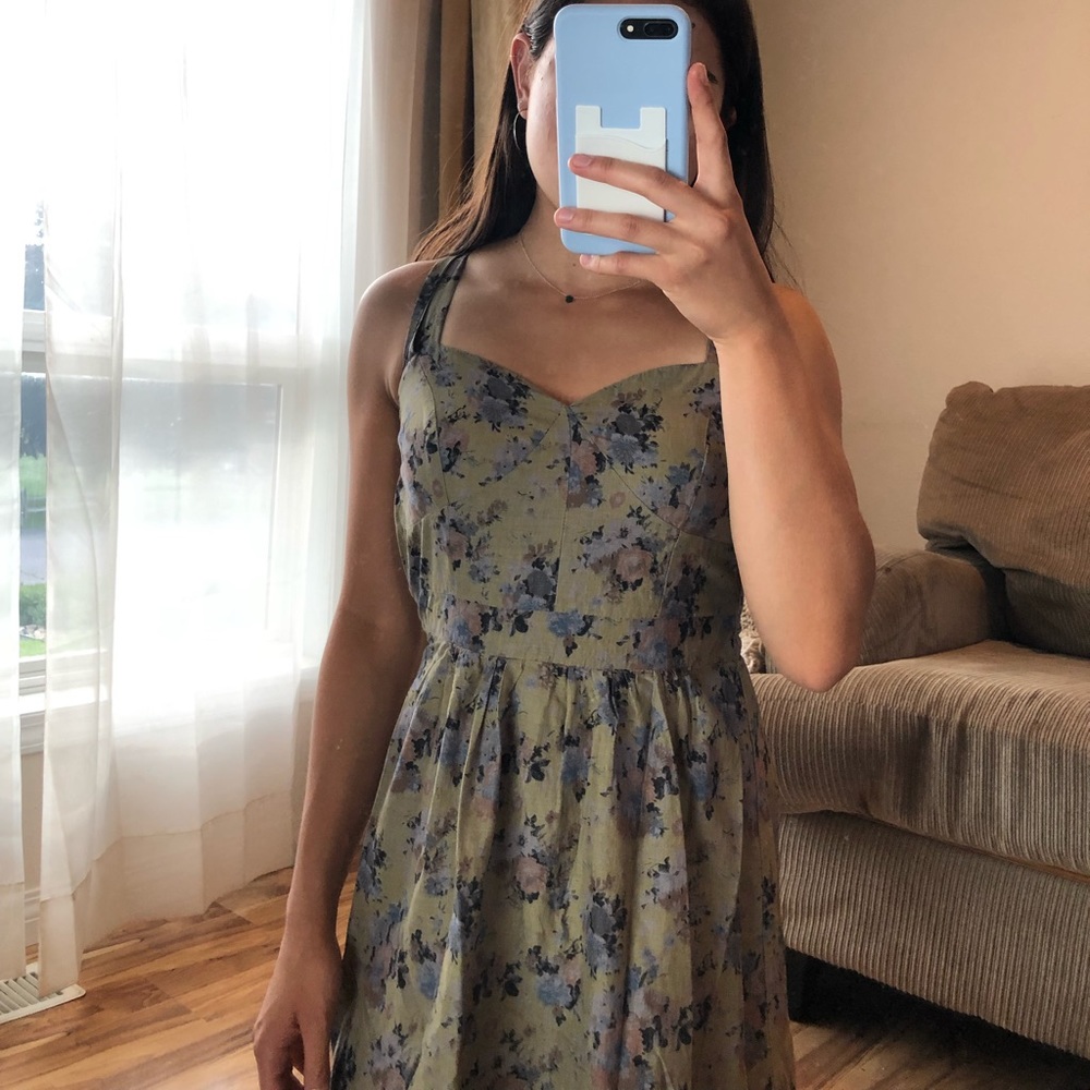 floral olive green dress with cross back straps